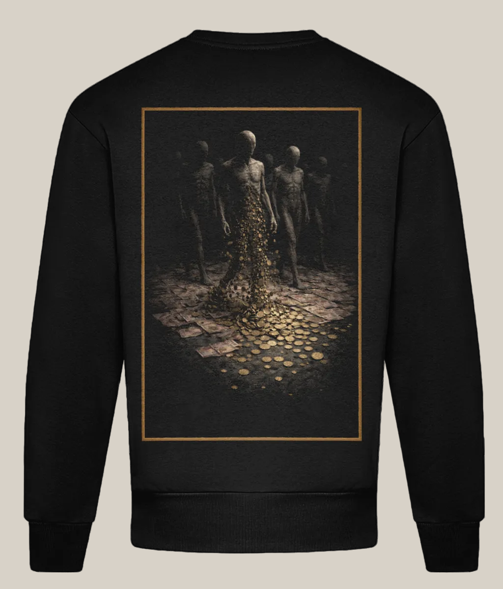 Black sweatshirt with a graphic design on the back featuring people and coins.