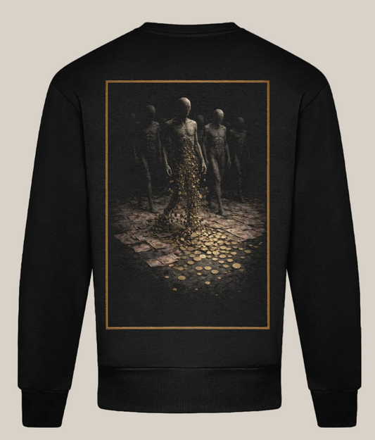 Black sweatshirt with a graphic design on the back featuring people and coins.