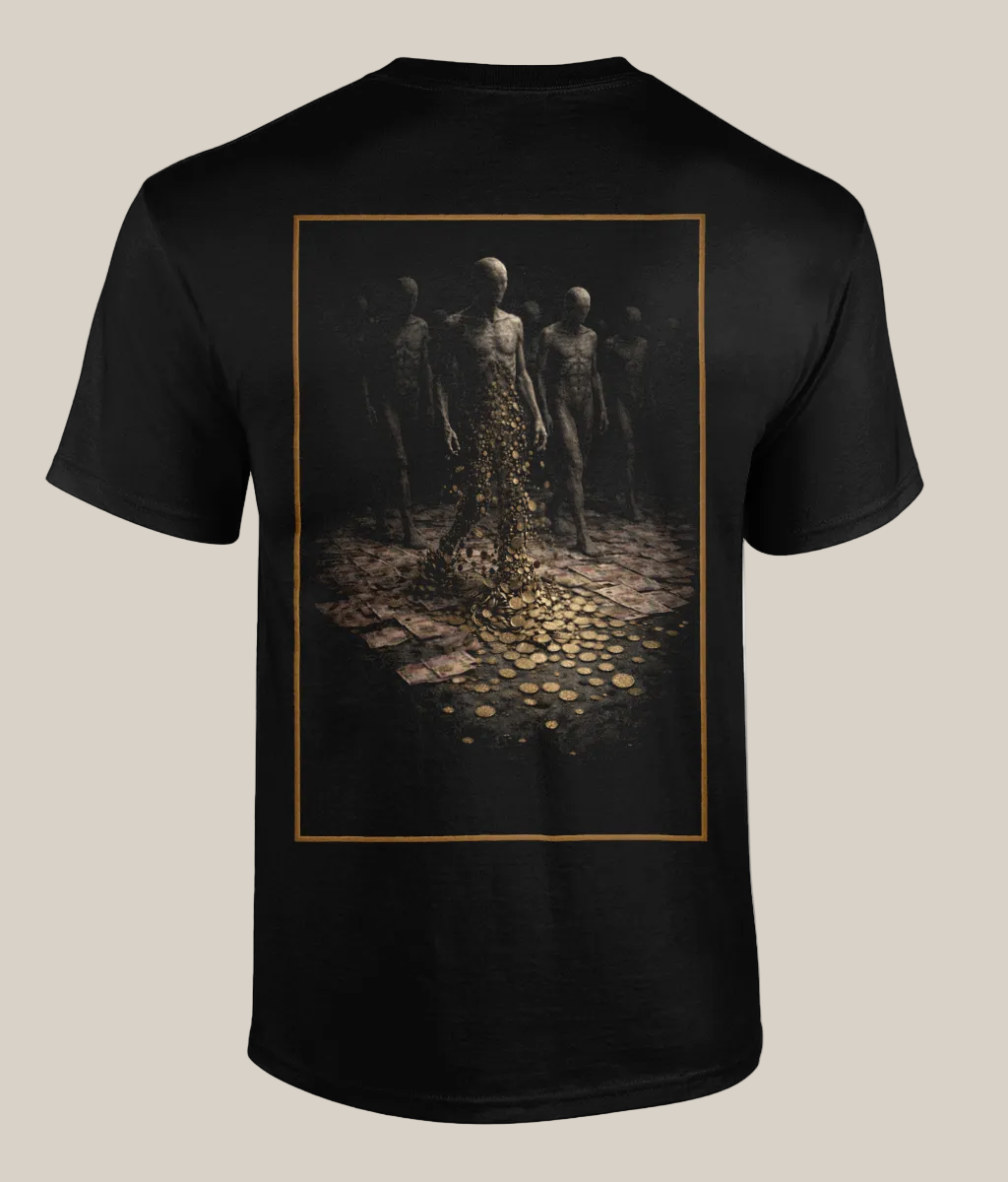 Black t-shirt with a graphic design on the back featuring a group of people and coins.