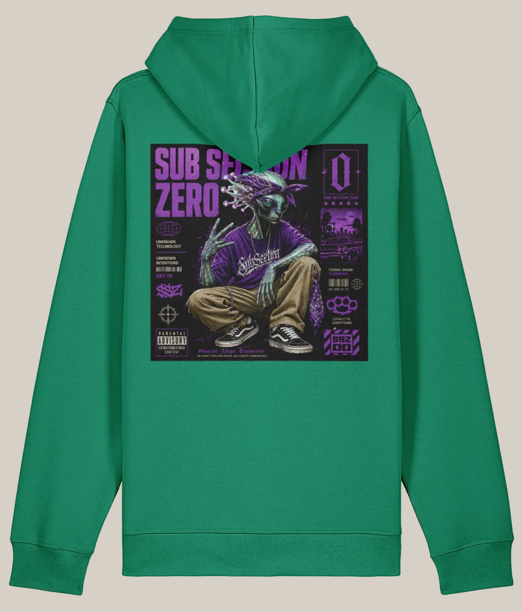 Green hoodie with a graphic design on the back featuring a person in a purple shirt and brown pants.