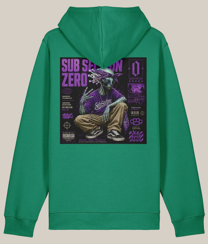 Green hoodie with a graphic design on the back featuring a person in a purple shirt and brown pants.