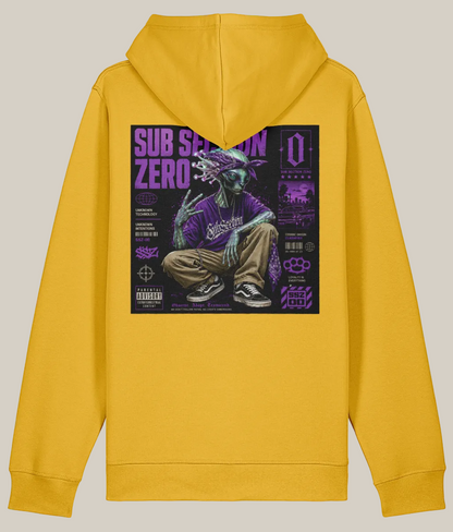 Yellow hoodie with a graphic design on the back featuring a character in a purple outfit.