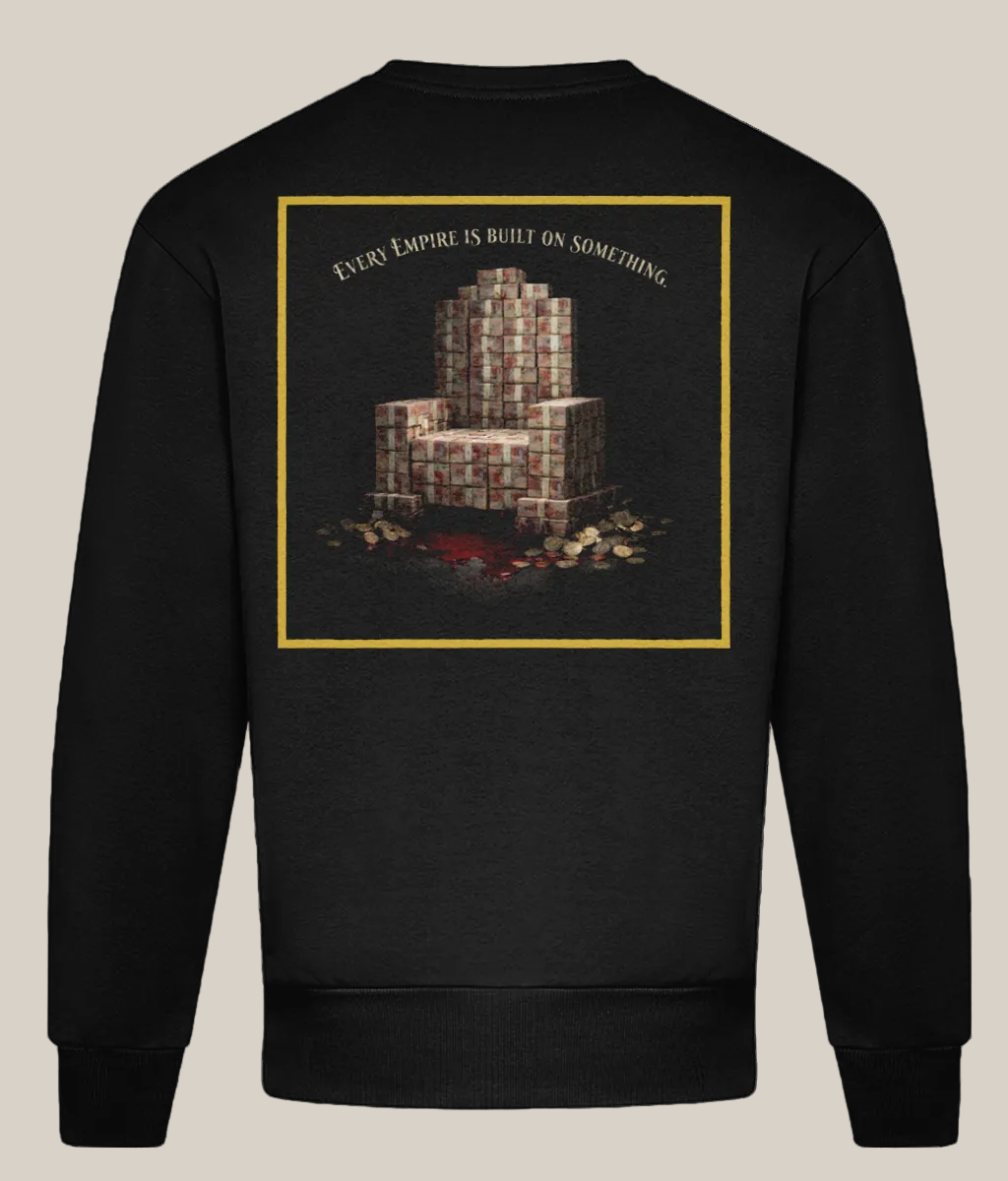 Black sweatshirt with a graphic design and text on the back against a white background
