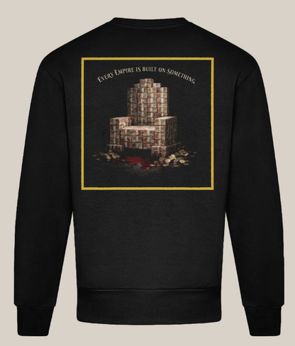 Black sweatshirt with a graphic design and text on the back against a white background