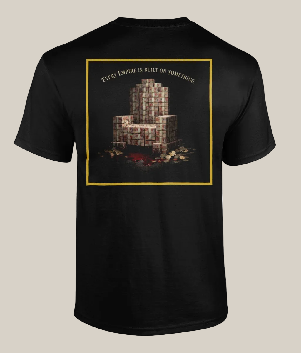 Black t-shirt with graphic design and text on a white background