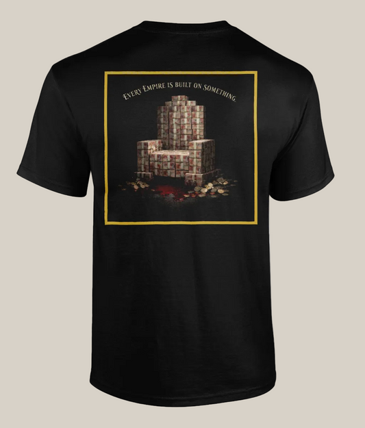 Black t-shirt with graphic design and text on a white background