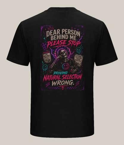 Black t-shirt with a graphic design and text on the back, featuring a skeleton and text.