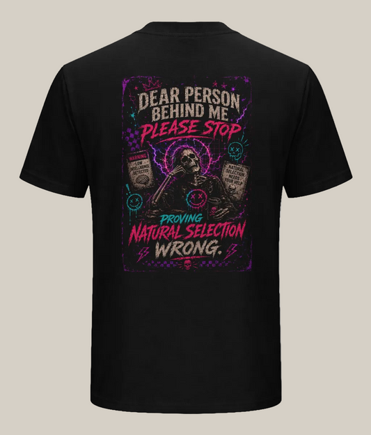 Black t-shirt with a graphic design and text on the back, featuring a skeleton and text.