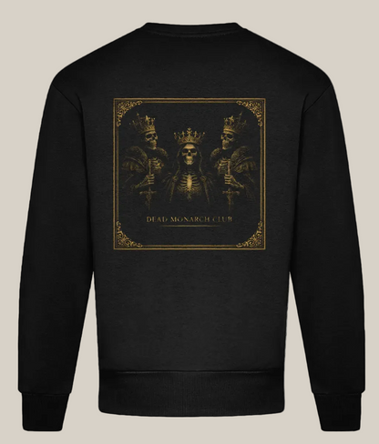 Black sweatshirt with a graphic design on the back featuring three figures in crowns and the text 'Dead Monarch Club'.
