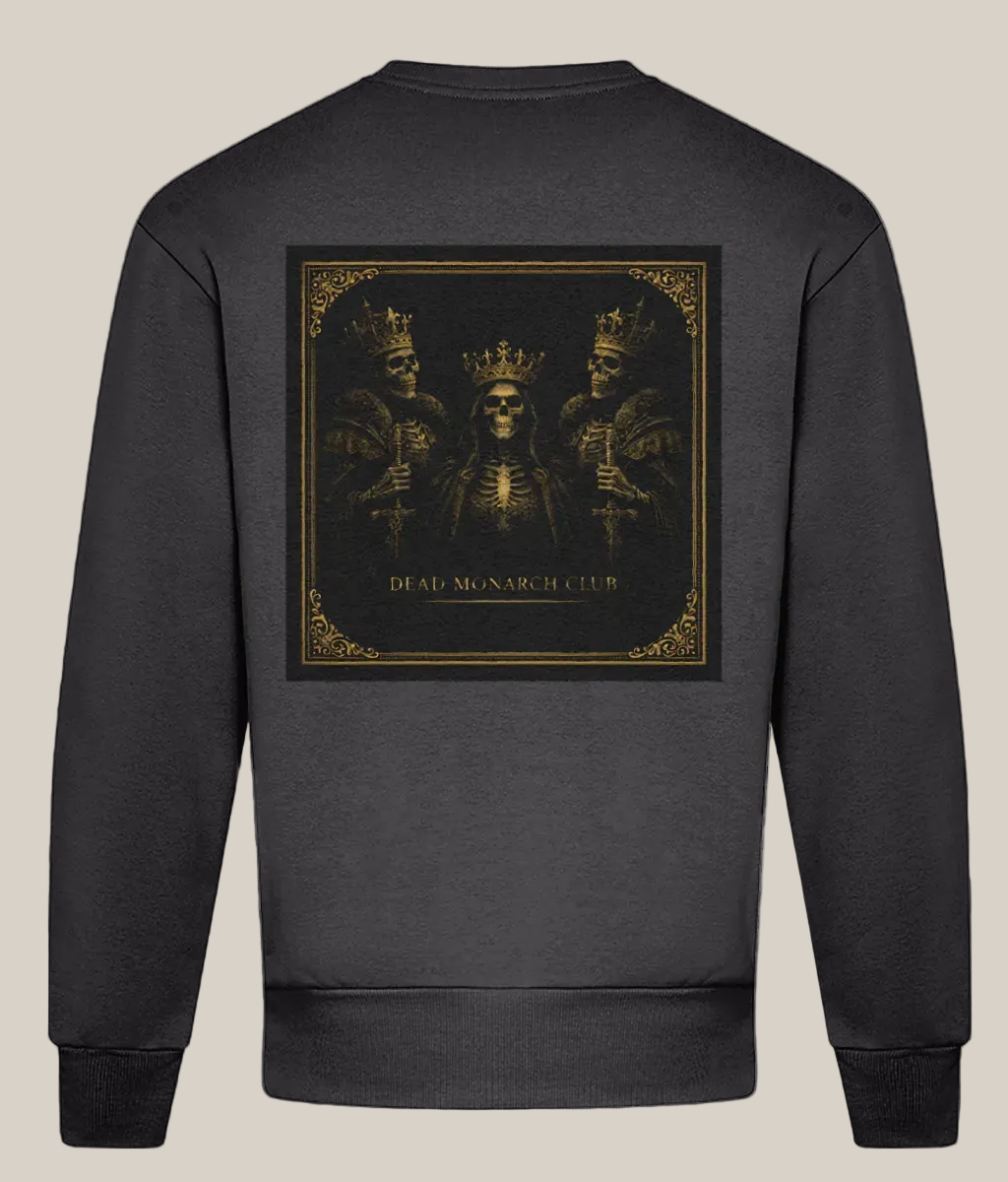 Black sweatshirt with a graphic design on the back featuring three crowned figures and the text 'Dead Monarch Club'.