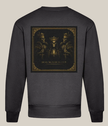 Black sweatshirt with a graphic design on the back featuring three crowned figures and the text 'Dead Monarch Club'.