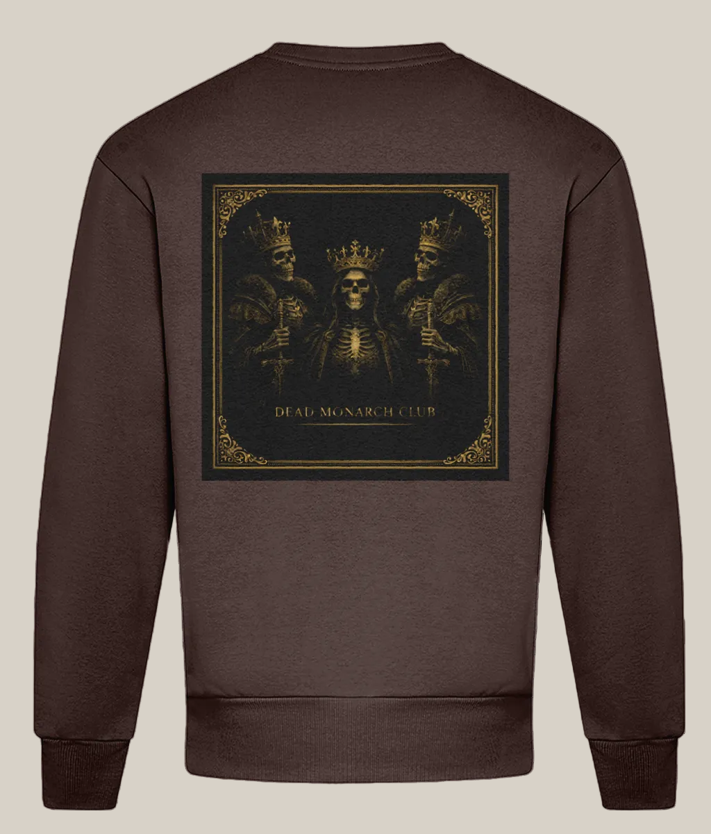 Brown sweatshirt with a graphic design on the back featuring three crowned figures and text.