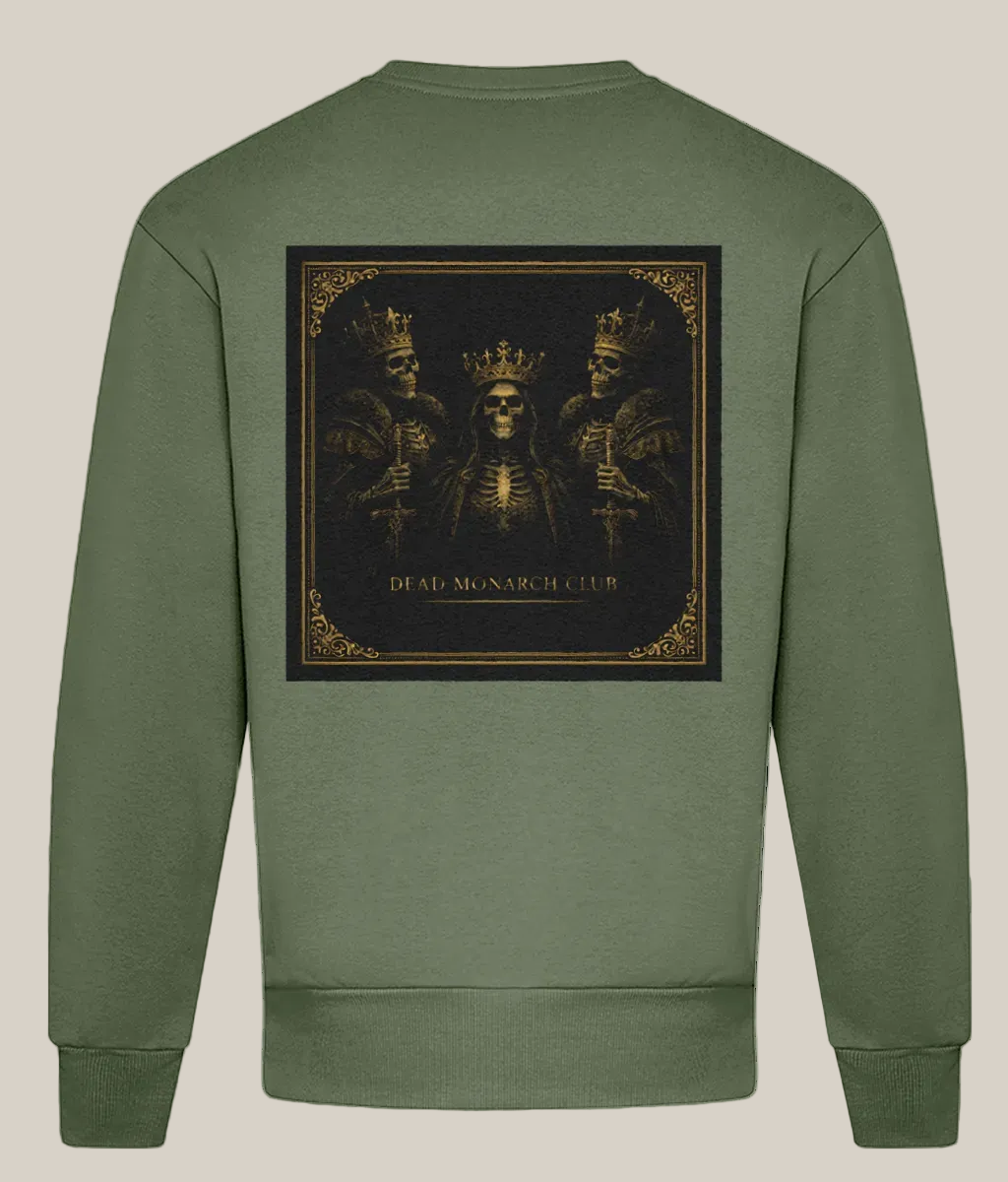 Green sweatshirt with a graphic design on the back featuring three figures in crowns and crosses, labeled 'Dead Monarch Club'.