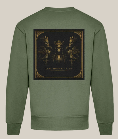 Green sweatshirt with a graphic design on the back featuring three figures in crowns and crosses, labeled 'Dead Monarch Club'.