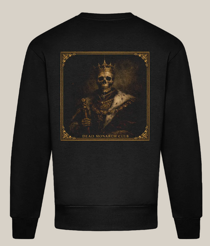 Black sweatshirt with a graphic of a skeleton wearing a crown and holding a scepter, labeled 'Dead Monarch Club', on a white background.