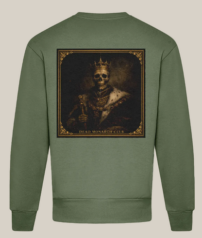 Green sweatshirt with a skull wearing a crown and 'Dead Monarch Club' text on the back.
