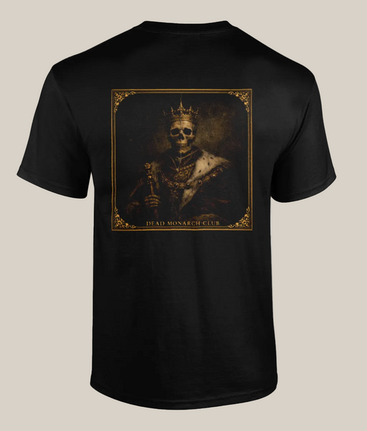 Black t-shirt with a graphic of a skeleton king and 'Dead Monarch Club' text on the back.