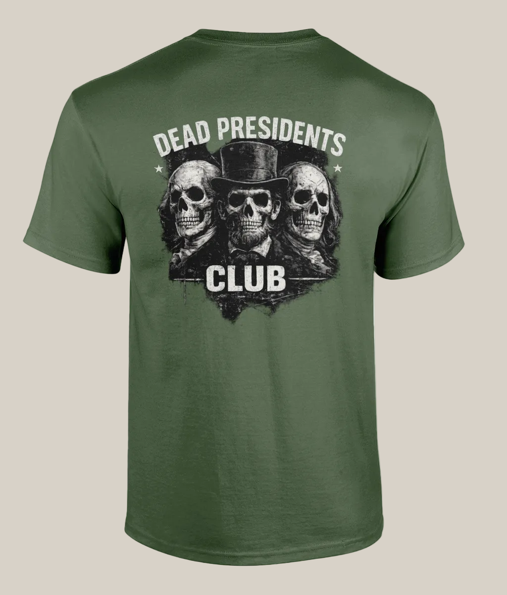 Green t-shirt with 'Dead Presidents Club' graphic on a white background