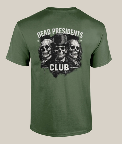 Green t-shirt with 'Dead Presidents Club' graphic on a white background