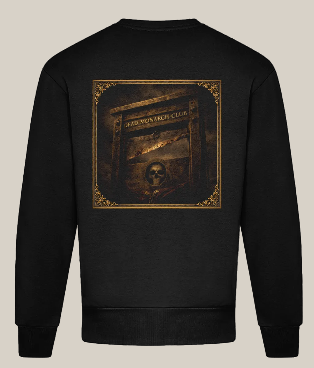 Black sweatshirt with a graphic design on the back featuring text and a skull.