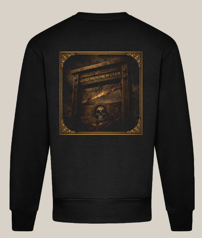 Black sweatshirt with a graphic design on the back featuring text and a skull.