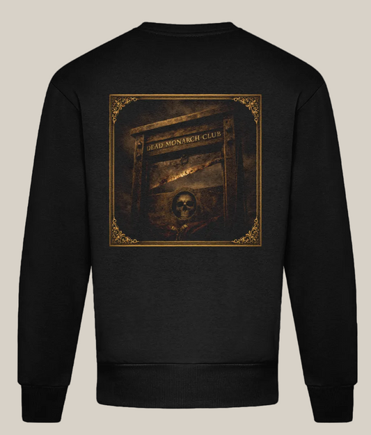 Black sweatshirt with a graphic design on the back featuring text and a skull.