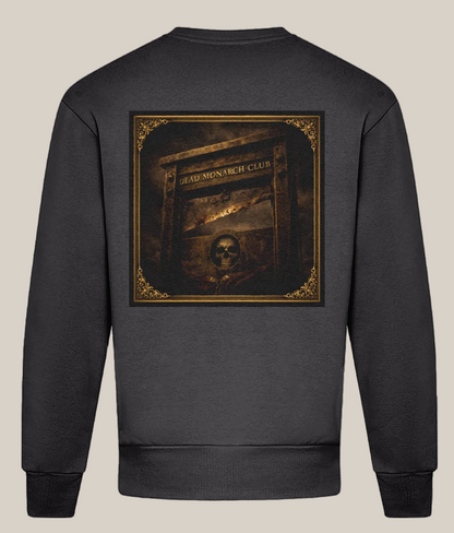 Black sweatshirt with a graphic design on the back featuring text and a skull.