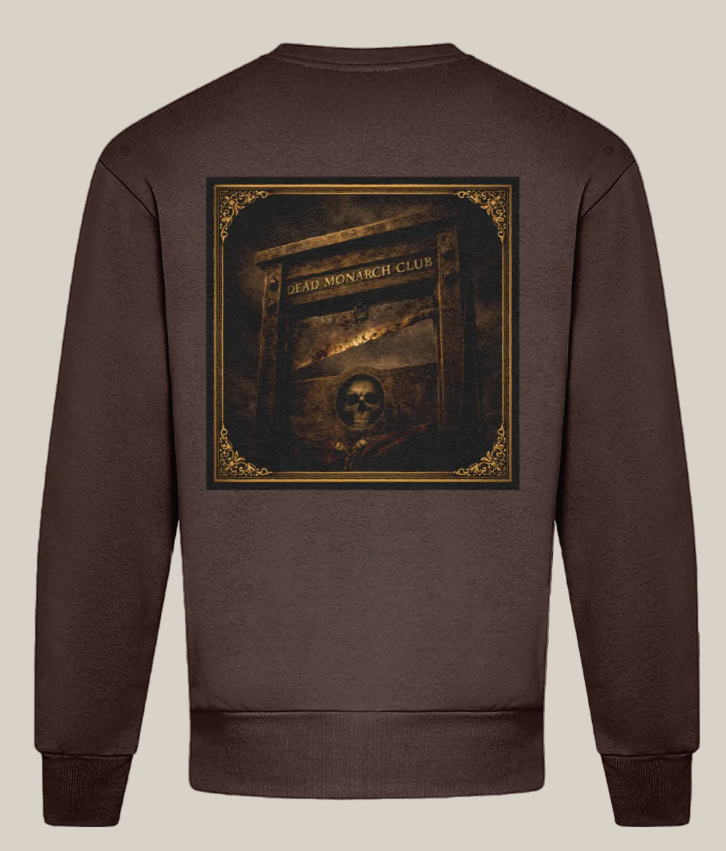Brown sweatshirt with a graphic design on the back featuring text and a skull.