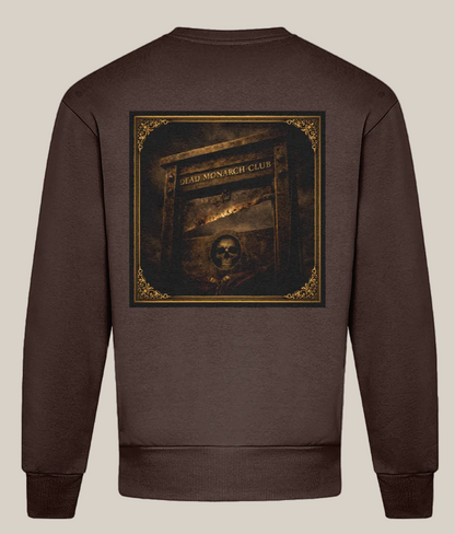 Brown sweatshirt with a graphic design on the back featuring text and a skull.