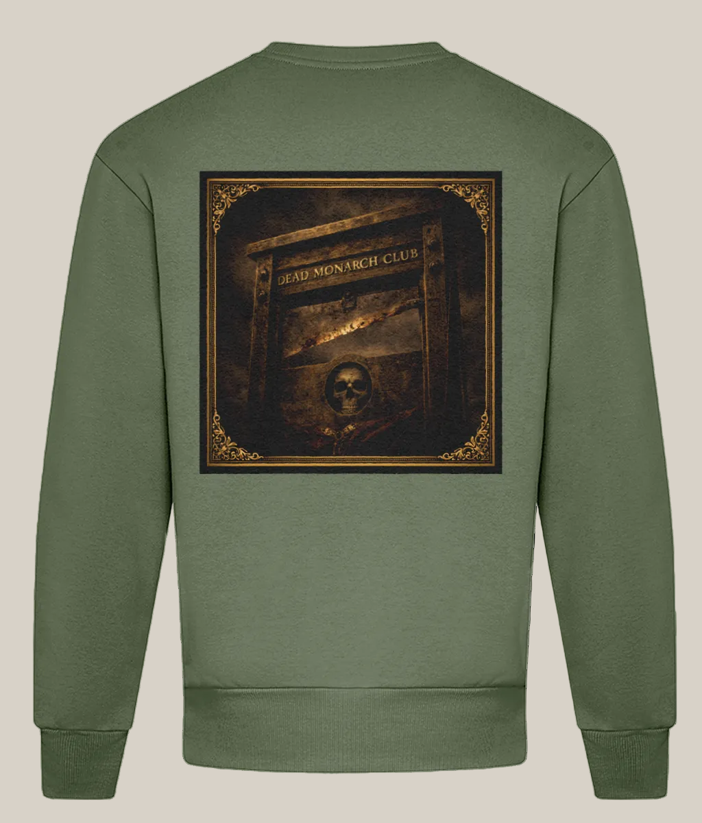 Green sweatshirt with a graphic design on the back on a white background