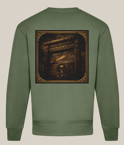 Green sweatshirt with a graphic design on the back on a white background
