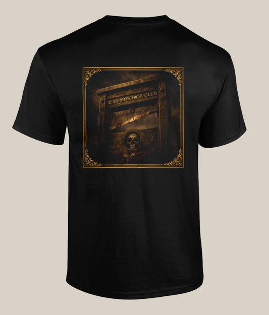 Black t-shirt with a gold and brown graphic on the back against a white background