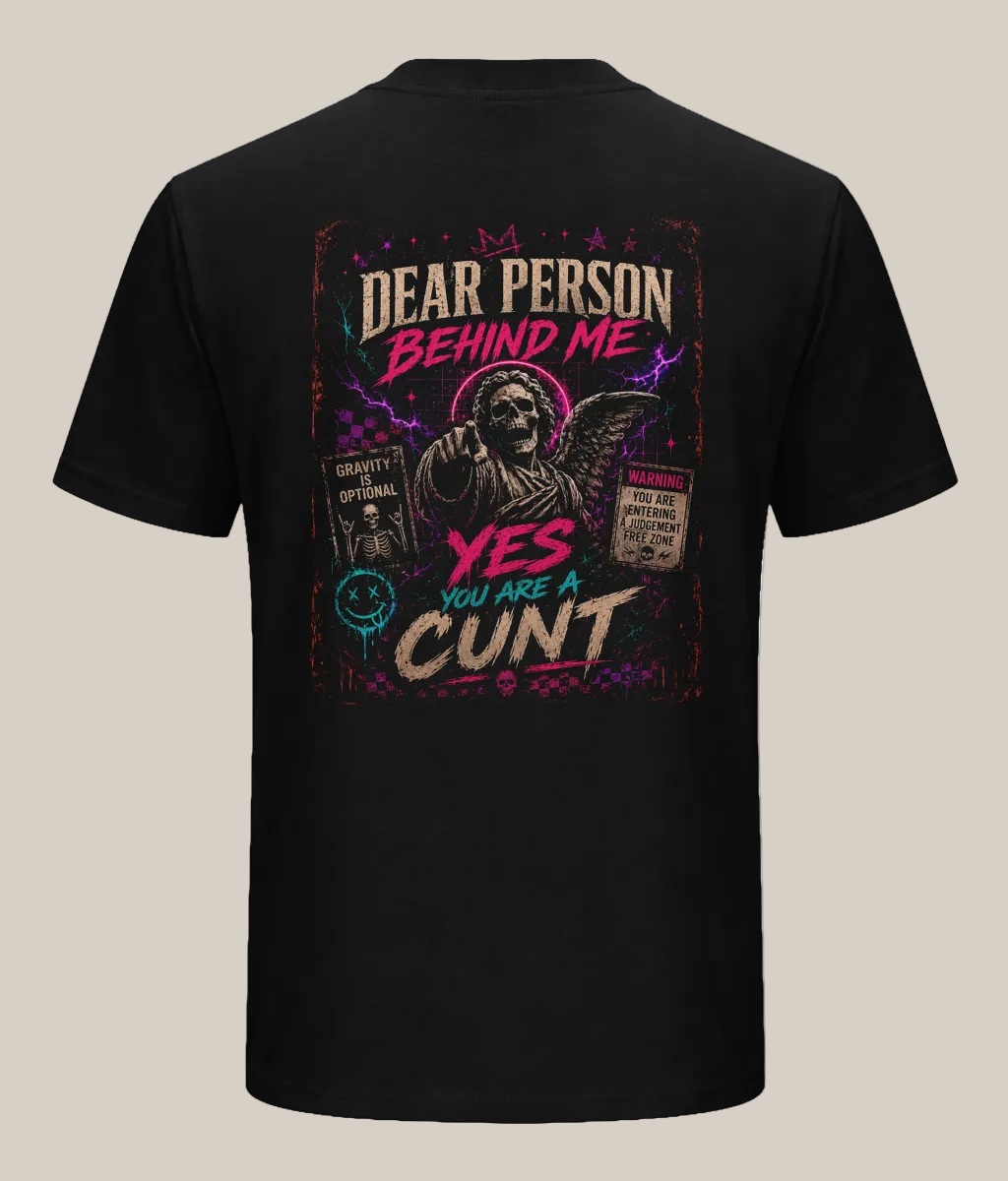 Black t-shirt with graphic design and text on the back