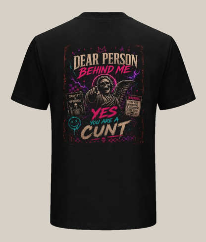 Black t-shirt with graphic design and text on the back