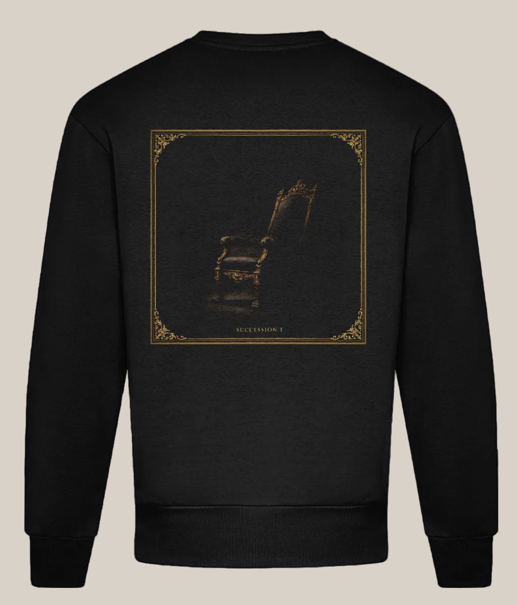 Black sweatshirt with a gold graphic on the back against a white background