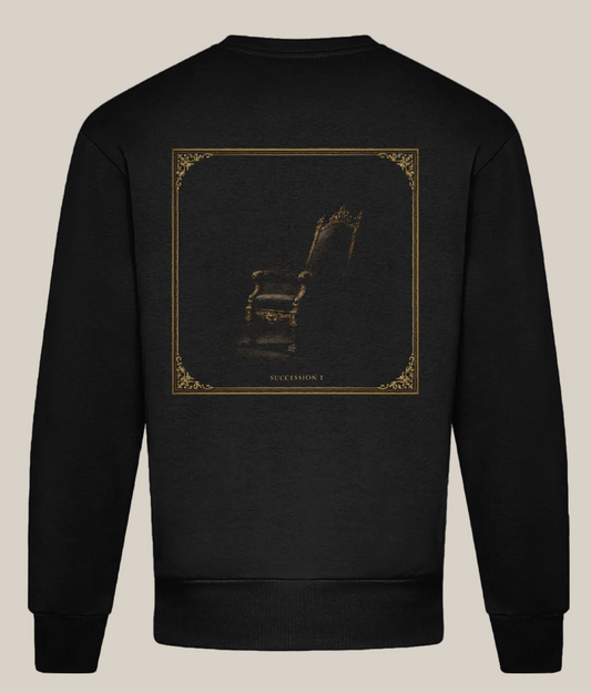 Black sweatshirt with a gold graphic on the back against a white background