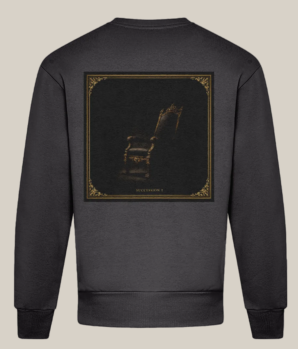Dark gray sweatshirt with a decorative graphic on the back against a white background