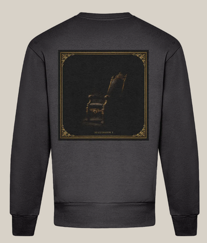 Dark gray sweatshirt with a decorative graphic on the back against a white background