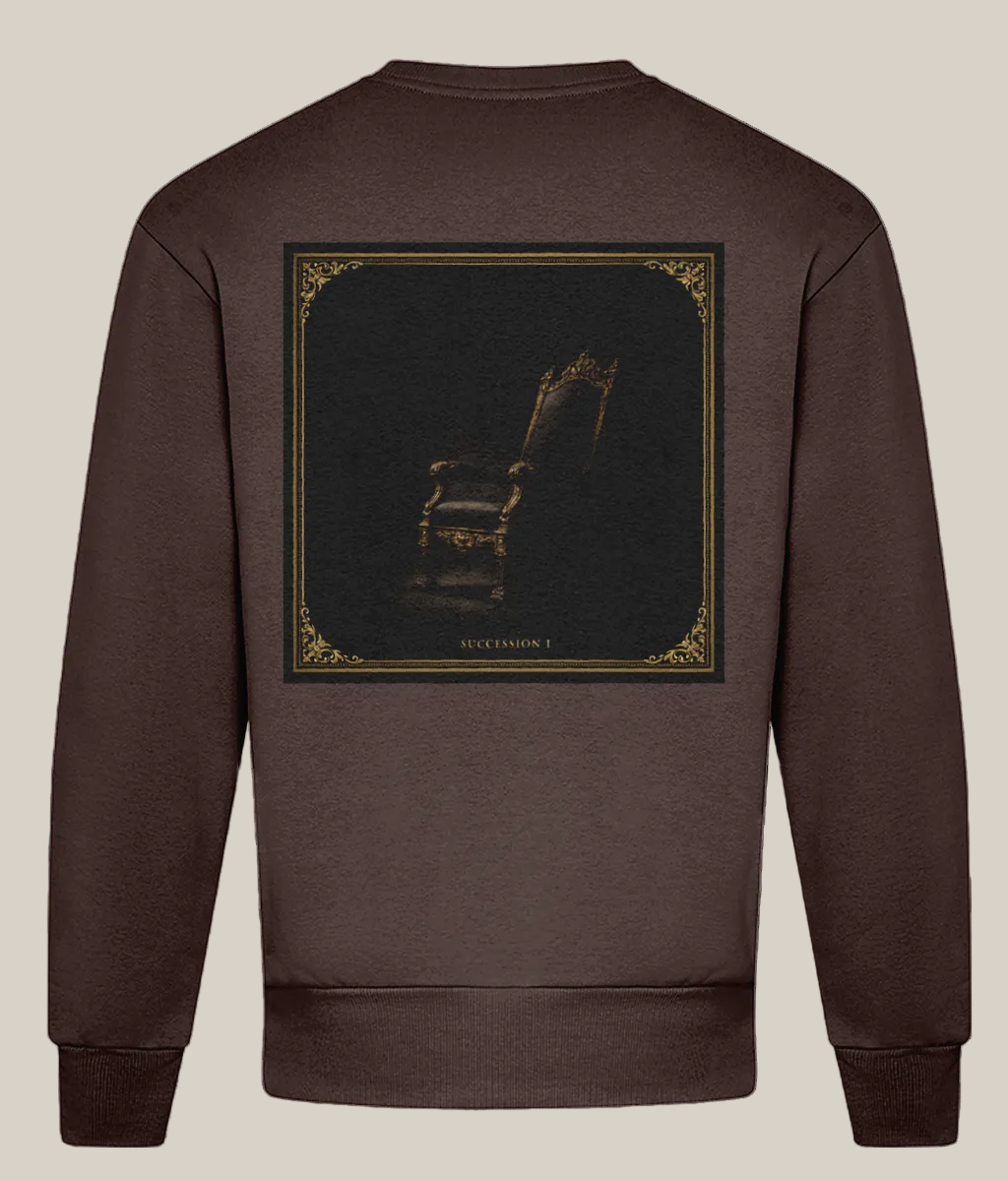 Brown sweatshirt with a graphic design on the back against a white background