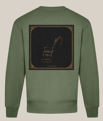 Green sweatshirt with a black graphic on the back against a white background