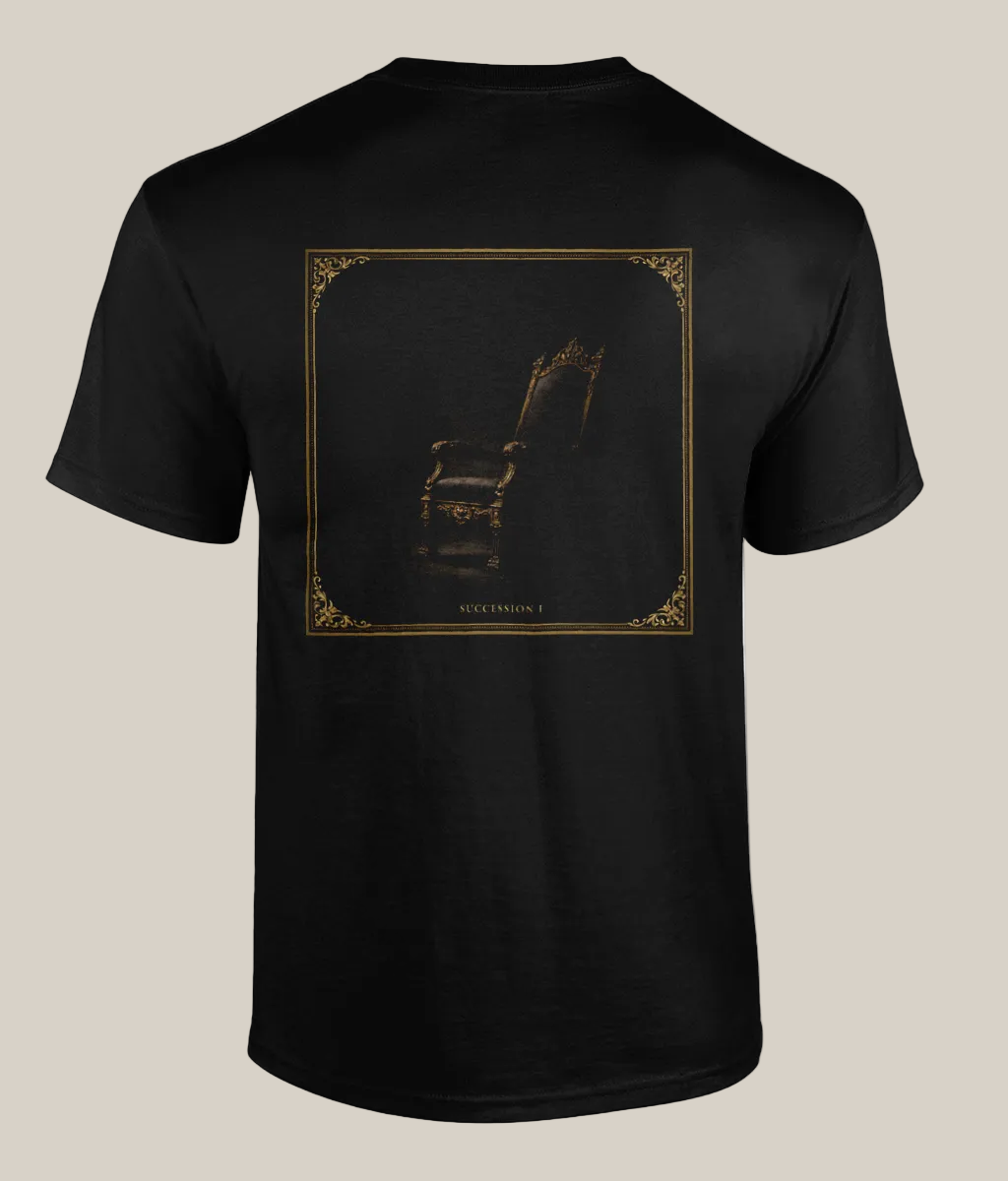 Black t-shirt with gold graphic design on the back against a white background