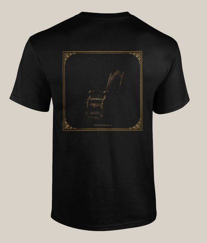 Black t-shirt with gold graphic design on the back against a white background