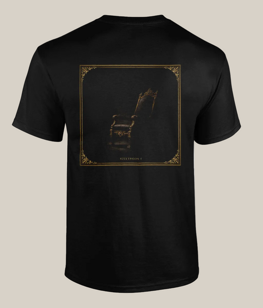 Black t-shirt with gold graphic design on the back against a white background