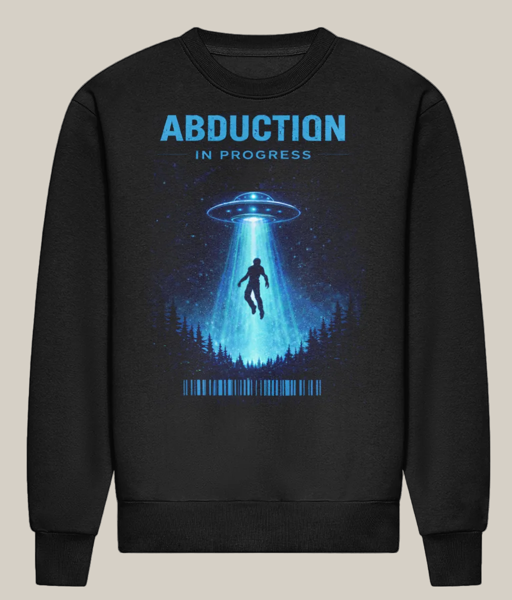 Black sweatshirt with alien abduction graphic and 'Abduction in Progress' text on a white background