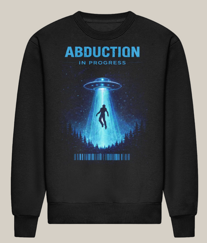 Black sweatshirt with alien abduction graphic and 'Abduction in Progress' text on a white background