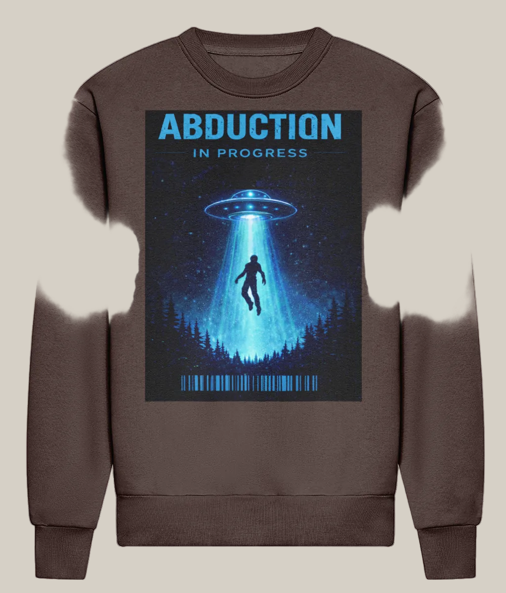 Brown sweatshirt with 'Abduction in Progress' graphic featuring a UFO and silhouette of a person.