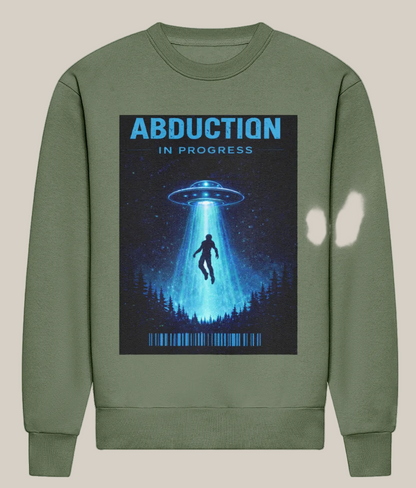 Green sweatshirt with a graphic of a UFO and 'Abduction in Progress' text on a white background