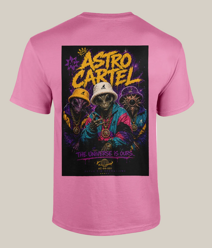 Pink t-shirt with 'Astro Cartel' graphic design on a white background