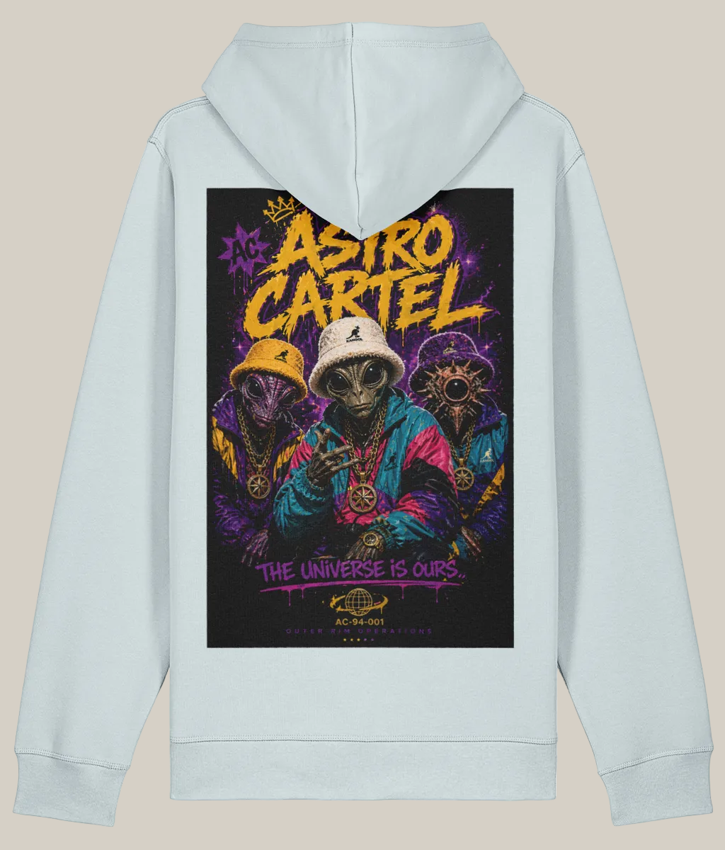 Light gray hoodie with colorful graphic design on the back featuring 'Astro Cartel' text and characters.