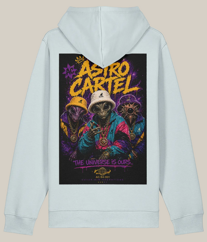 Light gray hoodie with colorful graphic design on the back featuring 'Astro Cartel' text and characters.